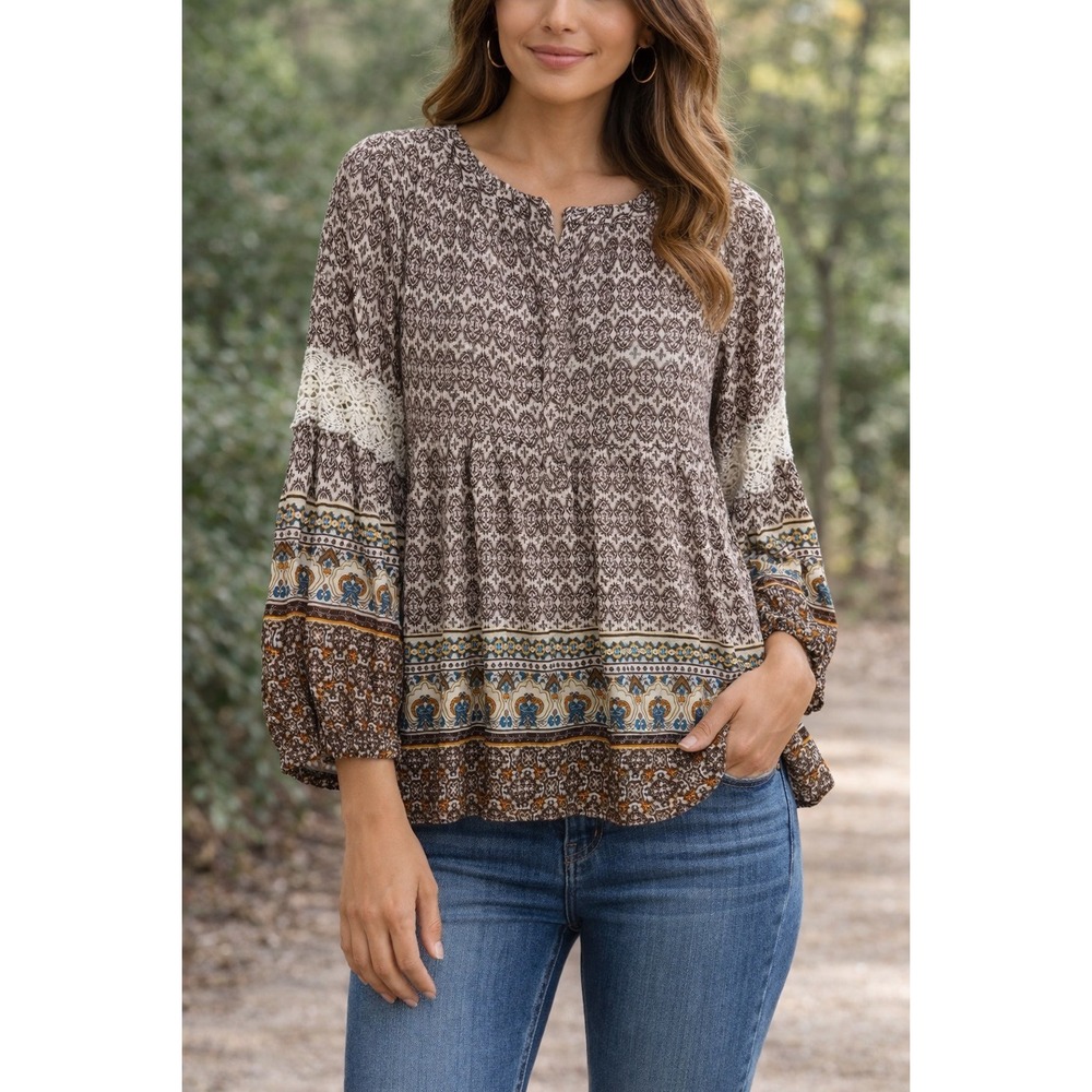 Kori America Blouse Womens S Boho Lace Crochet Damask Print Excellent - Picture 1 of 11